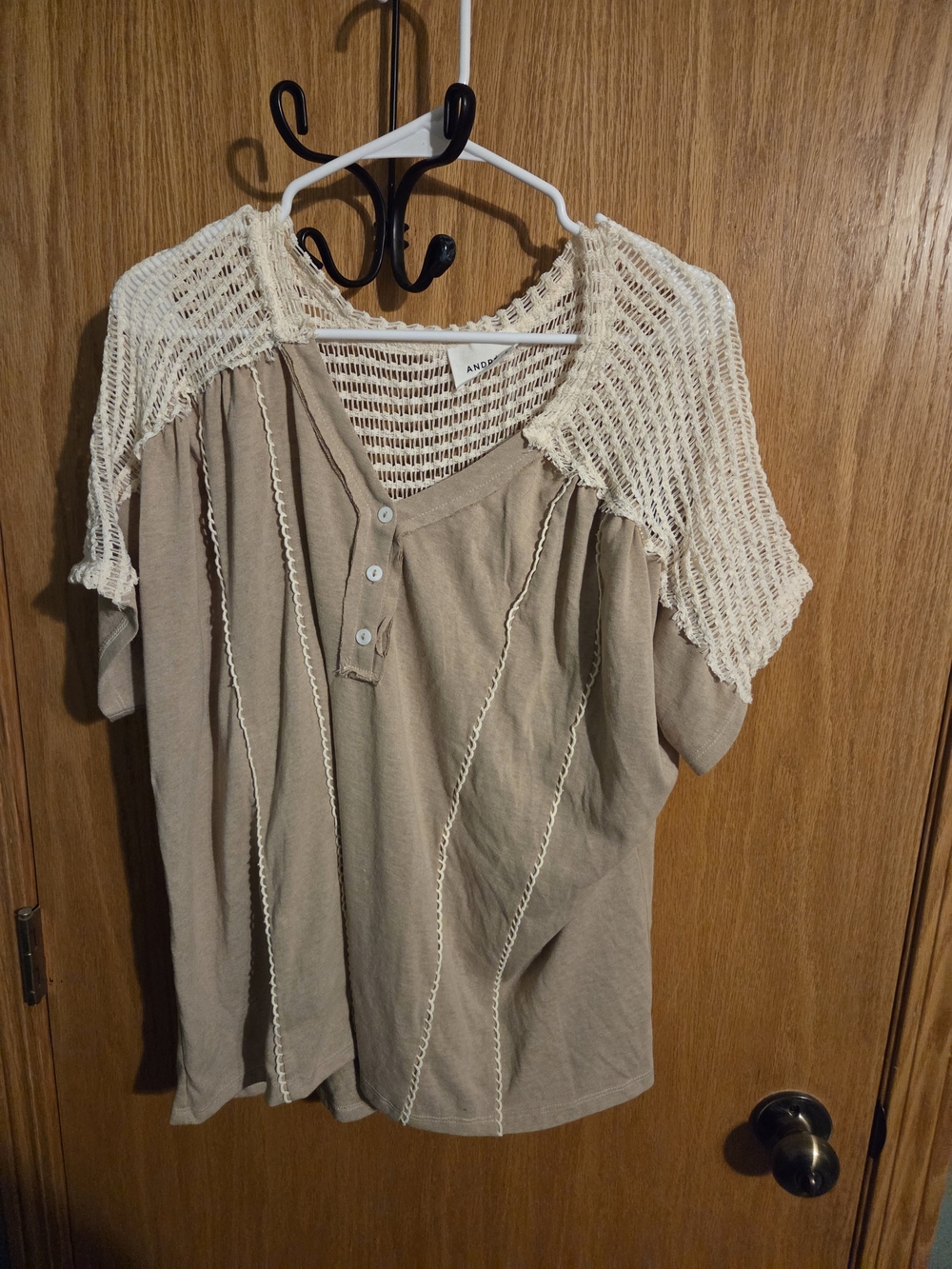 Andree Beige Knit-Trim Henley Women's Top